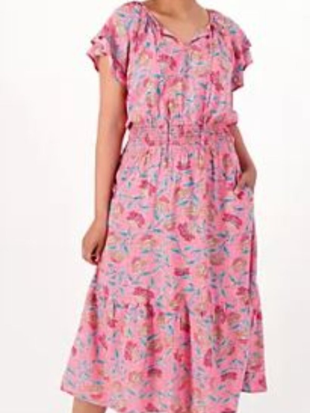 Pink Floral Maxi Dress with Teal Leaf Print